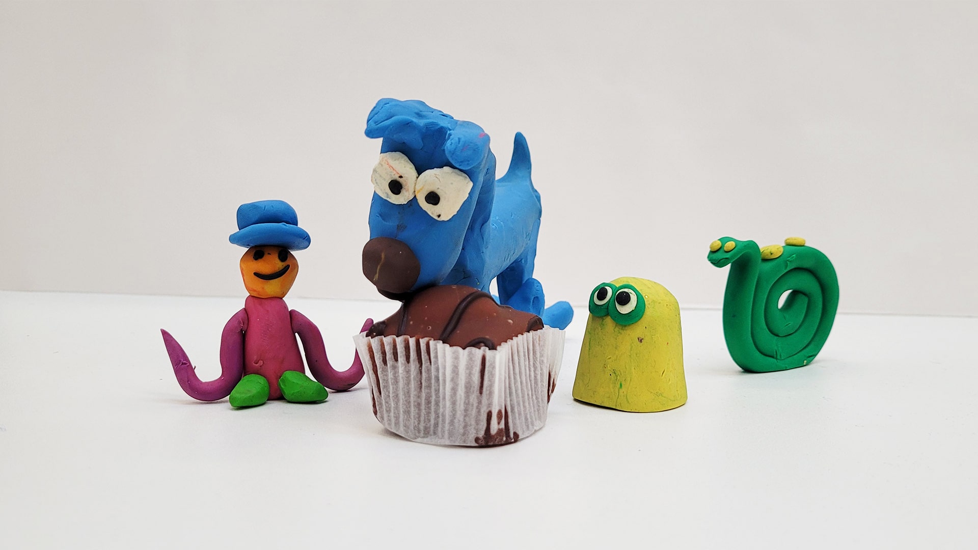 A photo showing some plasticine characters created for use in stop motion